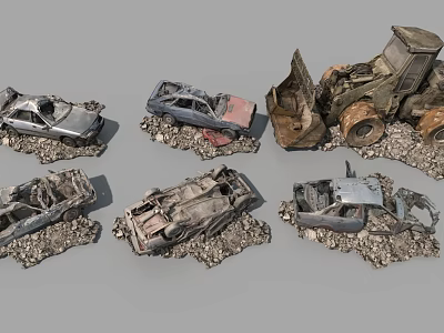 Wrecked Abandoned Cars And Machinery Surrounded By Rubble Scrap 3d model