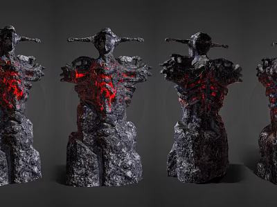 Sculpture Carving of Four Rock Like Torso Figures With Red Glowing Inner Details 3d model