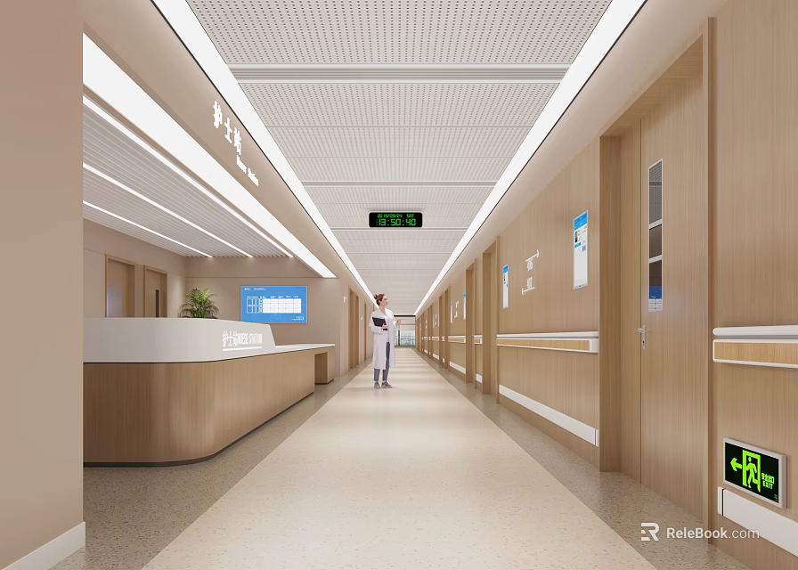 Modern Hospital Outpatient Clinic Corridor With Nurse Station Consultation Rooms And Bright Signage 3d model 
