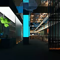 Modern Japanese Restaurant Interior With Stylish Blue Lighting And Wooden Dining Tables