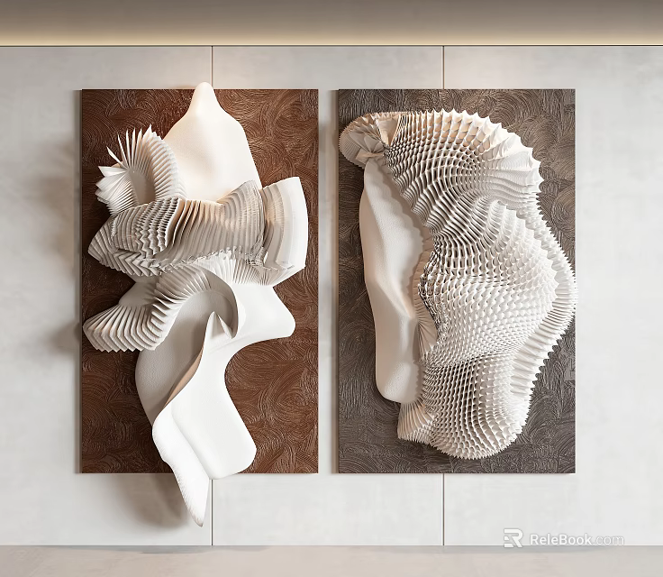 Modern 3D Textured Wall Decor With White Sculptural Design And Brown Gray Backdrops 3d model 
