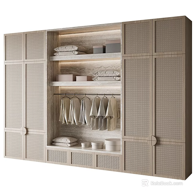 Modern Woven Door Wardrobe Interior with Wooden Frame Shelves Hanging Rods Folded Clothes and Lighting 3d model 