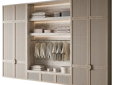 Modern Woven Door Wardrobe Interior with Wooden Frame Shelves Hanging Rods Folded Clothes and Lighting 3d model