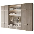 Modern Woven Door Wardrobe Interior with Wooden Frame Shelves Hanging Rods Folded Clothes and Lighting