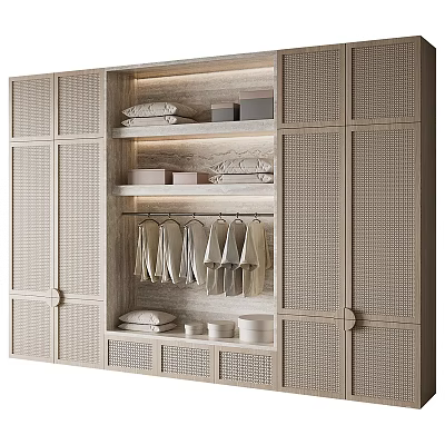 Modern Woven Door Wardrobe Interior with Wooden Frame Shelves Hanging Rods Folded Clothes and Lighting 3d model