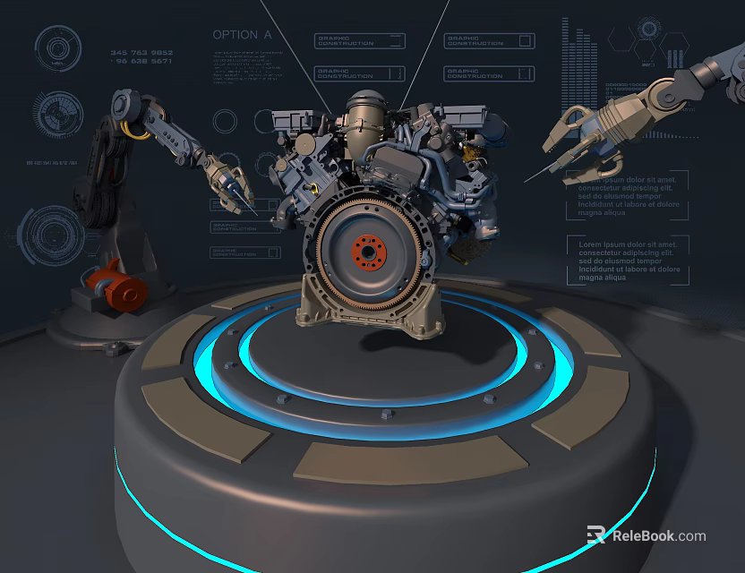 Advanced Engine Showcased with Robotic Arms Blue Glowing Rings and Technical Interface on Circular Platform 3d model 