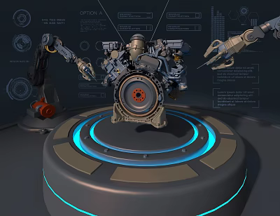 Advanced Engine Showcased with Robotic Arms Blue Glowing Rings and Technical Interface on Circular Platform 3d model