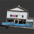 Detailed Two Story Building Model With White Walls Gray Roof Storefronts Windows And Doors