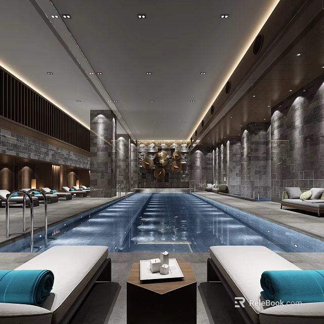 Modern Swimming Pool Interior With Lounge Chairs And Contemporary Design Elements 3d model 