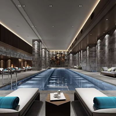 Modern Swimming Pool Interior With Lounge Chairs And Contemporary Design Elements 3d model