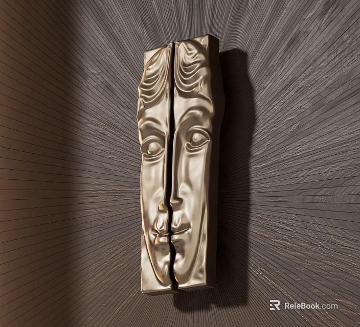 Golden Face Shaped Handle With Detailed Carved Design Mounted On Dark Wall And Radiant Light 3d model 