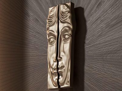 Golden Face Shaped Handle With Detailed Carved Design Mounted On Dark Wall And Radiant Light 3d model