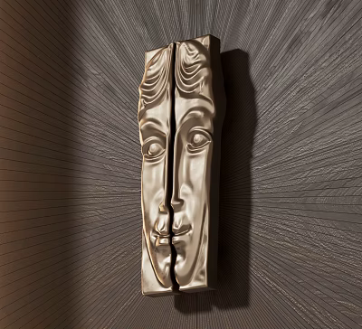 Golden Face Shaped Handle With Detailed Carved Design Mounted On Dark Wall And Radiant Light 3d model