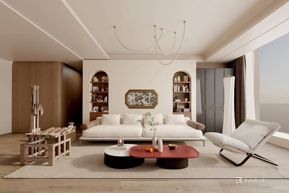 Modern Living Room Interior Design With Sofa Coffee Tables Chandelier And Decorative Painting 3d model 