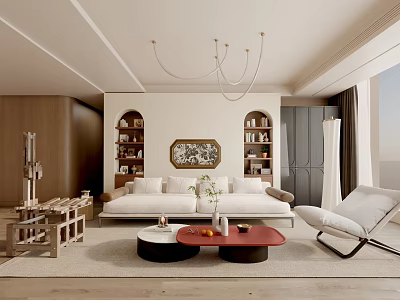Modern Living Room Interior Design With Sofa Coffee Tables Chandelier And Decorative Painting 3d model
