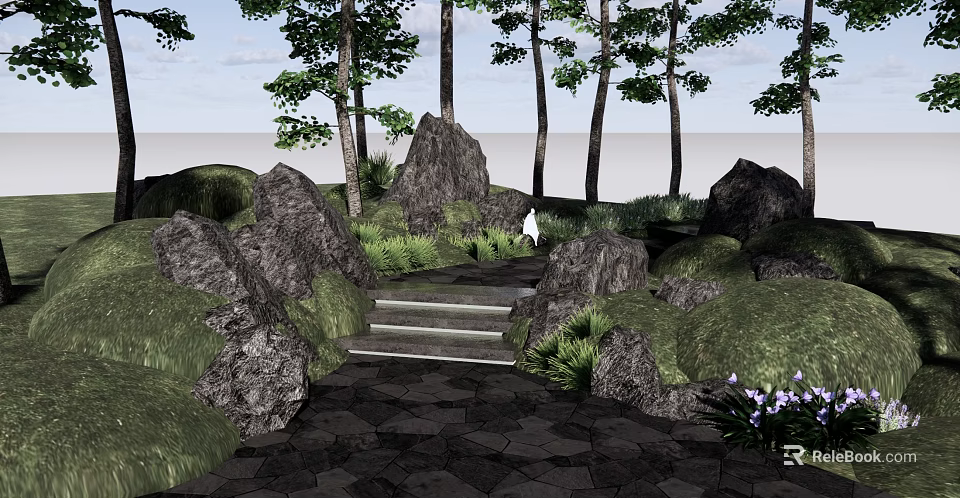 Tranquil Garden Landscape with Tall Trees Lush Grass Rocky Outcrops Stone Steps and Purple Flowers 3d model 