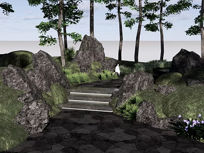 Tranquil Garden Landscape with Tall Trees Lush Grass Rocky Outcrops Stone Steps and Purple Flowers 3d model