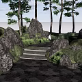 Tranquil Garden Landscape with Tall Trees Lush Grass Rocky Outcrops Stone Steps and Purple Flowers