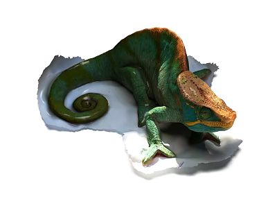 Colorful Reptile Chameleon With Green Orange Skin And Coiled Tail On White Surface 3d model