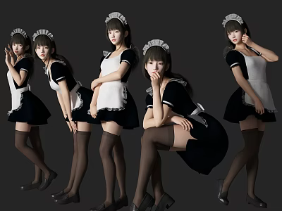 Women In Classic Maid Outfits Posing In Different Stylish Postures 3d model