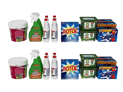 Essential Household Cleaning Products With Bucket Spray Bottles And Powder Boxes 3d model