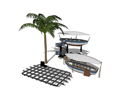 Tropical Outdoor Leisure Space With Palm Tree Spiral Staircase Multi Level Deck Canopy And Boat 3d model