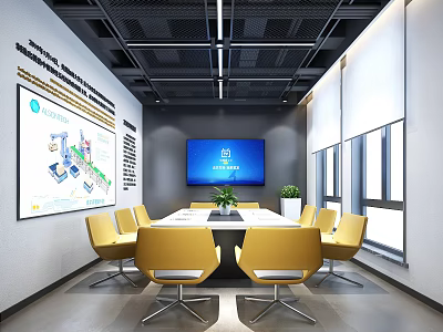 Modern Meeting Room Interior With Yellow Chairs Conference Table Large Screen And Wall Chart 3d model