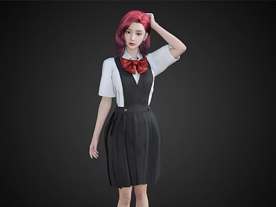 Woman with Red Hair in White Shirt and Black Suspender Skirt Wearing Red Bow Tie 3d model