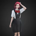 Woman with Red Hair in White Shirt and Black Suspender Skirt Wearing Red Bow Tie