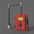 Industrial Equipment Red Control Enclosure With Black Support Arms And Lightning Warning Label