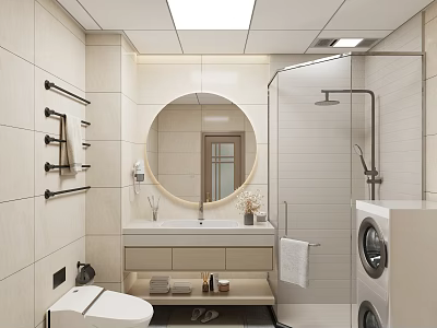 Warm Bright Modern Functional Bathroom With Round Backlit Mirror Glass Shower Enclosure And Laundry Space 3d model