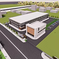Modern Industrial Factory With Two Symmetric Buildings Central Water Pond Greenery And Pathway