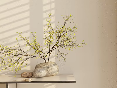 Yellow Flowering Branches with Decorative Stones on Table Against Light Colored Wall and Sunlight Shadows 3d model