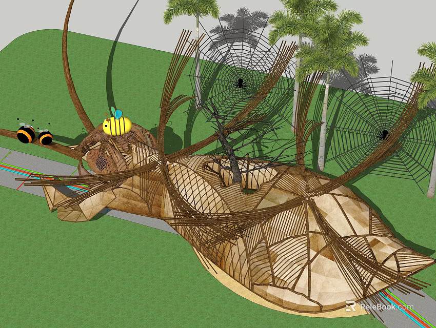 Unique Artistic Pergola With Wooden Frame Spider Web Design And Palm Trees 3d model 