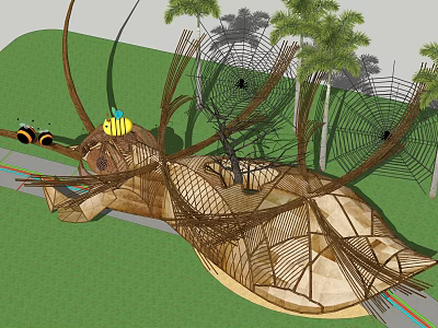Unique Artistic Pergola With Wooden Frame Spider Web Design And Palm Trees 3d model
