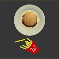 Delicious Cheeseburger With Sesame Bun On White Plate And Red Box Of Fries