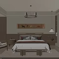 Modern Bedroom Interior Design With Chandelier Painting Above Bed And Wooden Wardrobe Rug