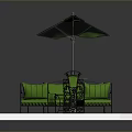Cat Relaxing On Green Outdoor Sofa Near Umbrella And Round Table With Tiled Floor