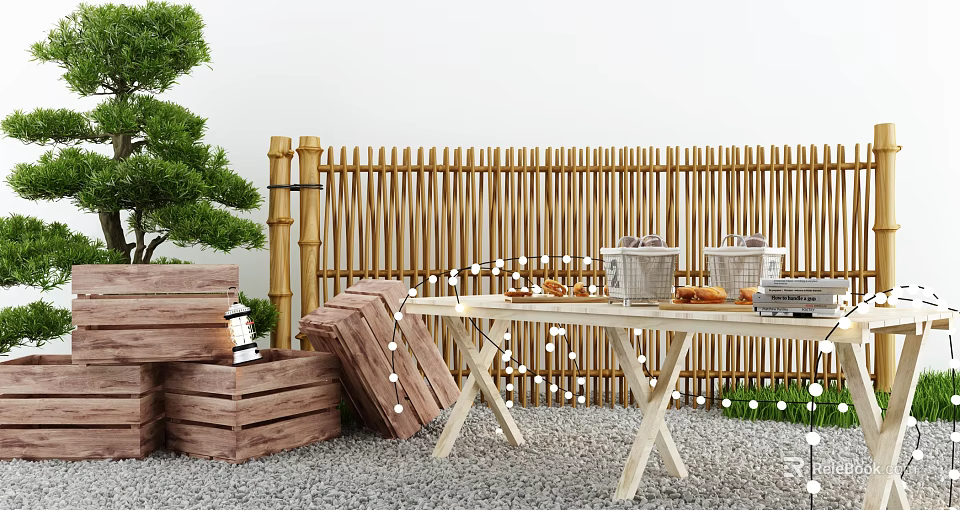 Elegant Garden Decor with Bamboo Fence Wooden Crates Table String Lights and Green Plant 3d model 