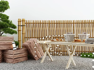 Elegant Garden Decor with Bamboo Fence Wooden Crates Table String Lights and Green Plant 3d model