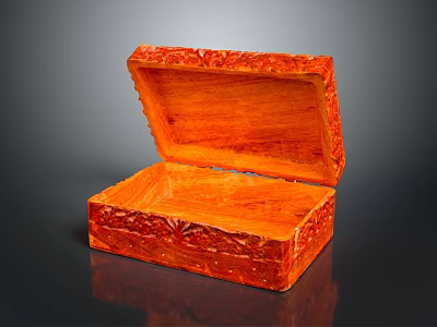 Decorative Orange Carved Wooden Clothing Accessory Storage Box with Open Lid and Intricate Patterns 3d model