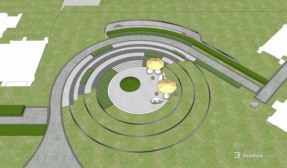 Tranquil Garden Landscape Featuring Circular Pathways Central Lawn Yellow Umbrellas And Seats 3d model 