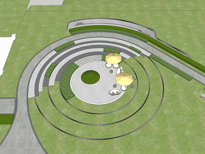 Tranquil Garden Landscape Featuring Circular Pathways Central Lawn Yellow Umbrellas And Seats 3d model