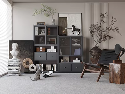 Modern Stylish Dark Bookcase With Open Shelves Books Sculptures Green Plants And Chair 3d model