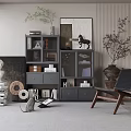 Modern Stylish Dark Bookcase With Open Shelves Books Sculptures Green Plants And Chair