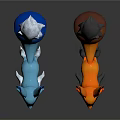 Cartoon Style Blue And Orange Fantasy Foxes With Pointed Ears And Bushy Tails