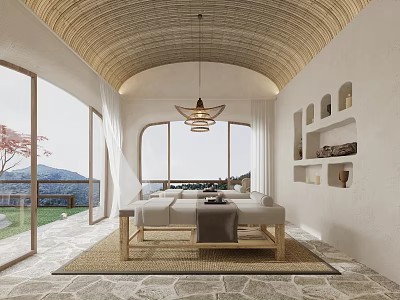 Hotel Guest Room Featuring Arched Ceiling Large Windows Mountain View Daybed Wooden Shelves Stone Flooring 3d model