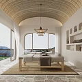 Hotel Guest Room Featuring Arched Ceiling Large Windows Mountain View Daybed Wooden Shelves Stone Flooring
