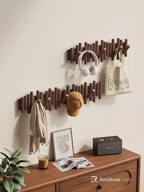 Wall Mounted Wooden Coat Rack With Hooks For Hanging Hats Scarves And Bags 3d model 