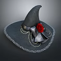 Black Witch Hat with Red Rose Gray Bow Pearl Strings and White Lace Trim